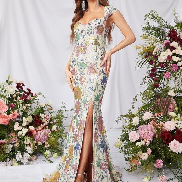 Multicolor Preppy Women's Floral Sequin Pattern Split Thigh Dress - Picture 5 of 6